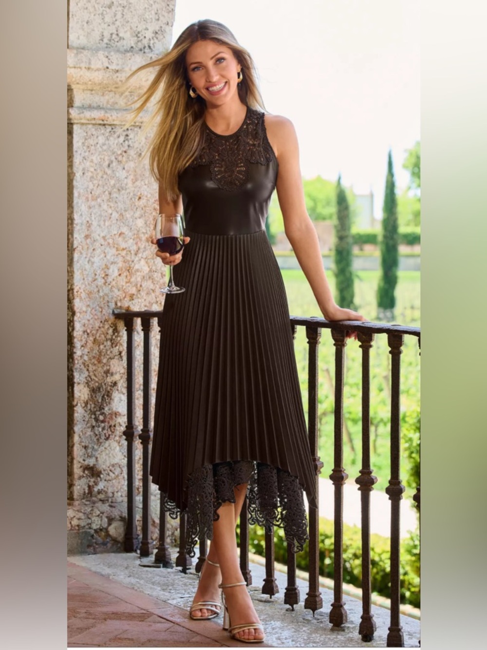 Boston Proper Black Lace-Trim Pleated High-Low Skirt